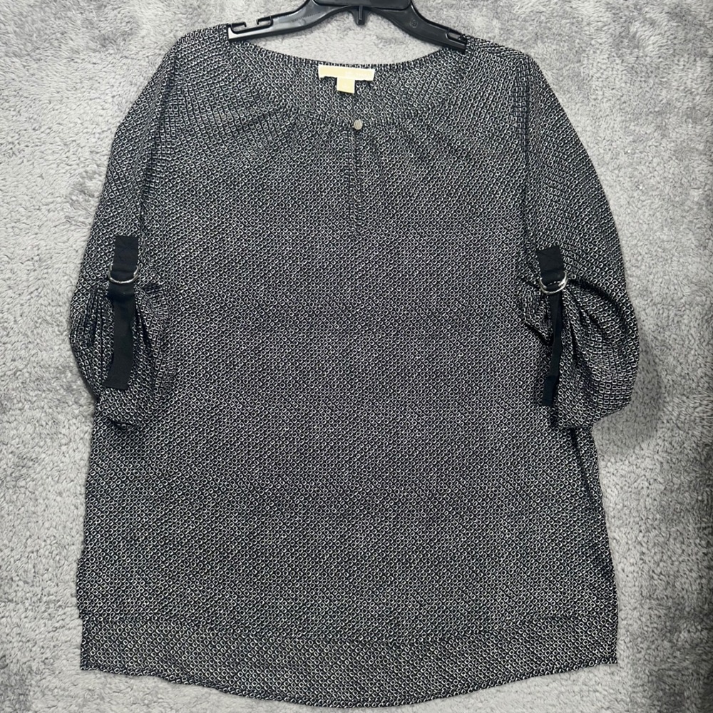 Michael Michael Kors Blouse Womens L Black White Geometric D-Ring 3/4 Sleeve Top
